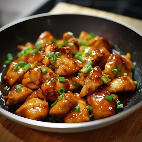 Bol noir rempli de morceaux de poulet caramélisé brillant, décoré de ciboulette émincée.
