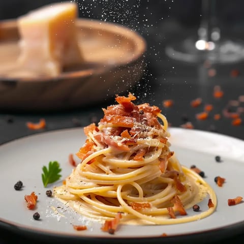 Une assiette de spaghettis garnie de morceaux dorés de guanciale et de fromage râpé, accompagnée d'une touche de persil frais.