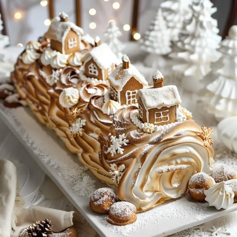Une délicieuse bûche de Noël entourée de décorations en sucre, de petites gourmandises enneigées, et de mini maisons en pain d’épices.