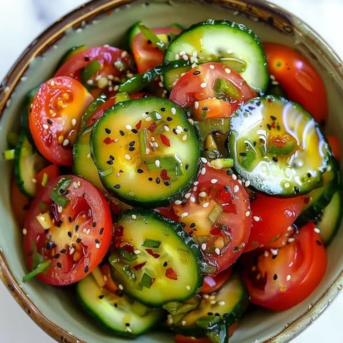 Une assiette bien garnie avec des tranches de concombre, des morceaux de tomates cerises, et de petits oignons verts, agrémentée de graines de sésame et piments.