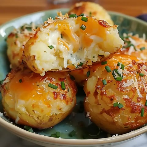 Bouchées de pommes de terre bien dorées avec un cœur de fromage fondant, garnies d’une touche de ciboulette, servies sur une assiette.