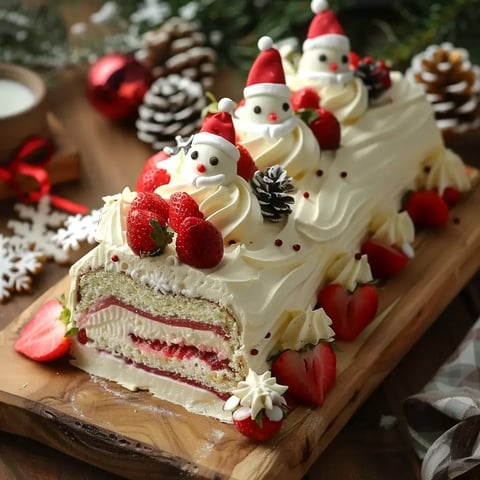 Un roulé façon bûche de Noël décoré simplement avec des fraises, des figurines enneigées en sucre et des pommes de pin sur un petit plateau accueillant.