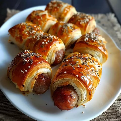 Petits roulés feuilletés garnis de saucisse, dorés avec graines et herbes.
