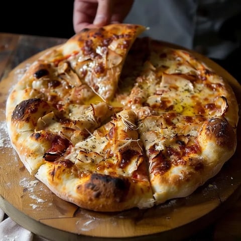 Une pizza maison garnie généreusement avec du fromage et du jambon, fraîchement servie sur une planche en bois.