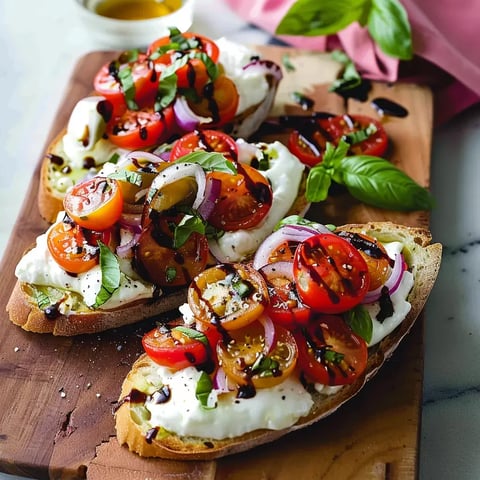 Tartines croustillantes avec burrata, tomates colorées, oignons rouges, basilic et filet de balsamique. Présentée sur une planche en bois.