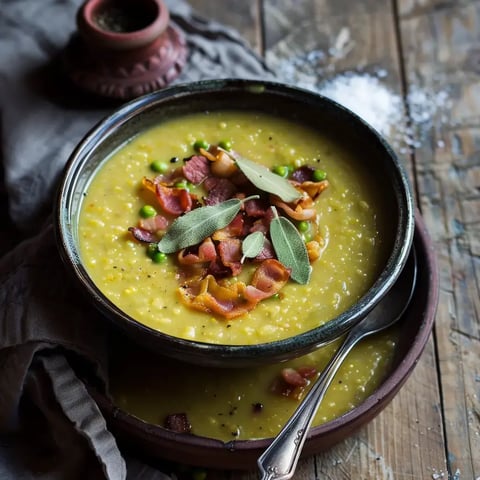 Bol de soupe jaune crémeuse, agrémenté de bacon croustillant, pois et sauge fraîche, sur une table rustique.