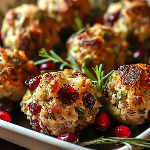 Des boulettes dorées, accompagnées de canneberges et d'aromates, présentées sur une assiette élégante.