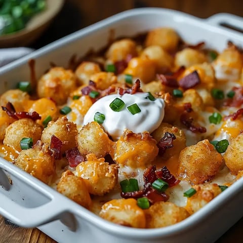 Pommes de terre croustillantes avec du fromage fondu, bacon et crème, décorées d'oignons verts frais.