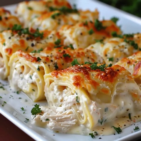 Rouleaux Alfredo gratinés, farcis et nappés de sauce, dans une assiette.