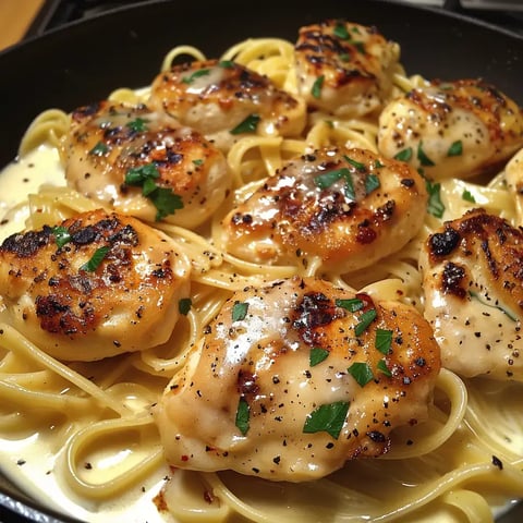 Des morceaux de poulet grillés et dorés reposent sur des pâtes longues nappées d'une sauce crémeuse, décorées avec une touche de persil frais.