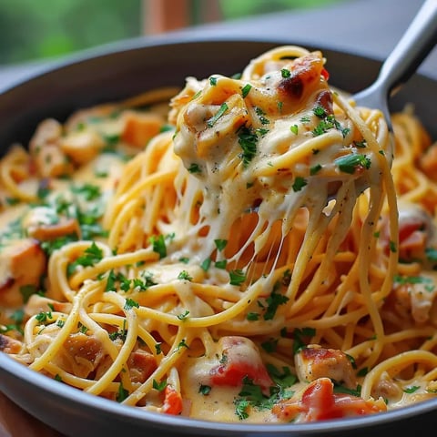 Un plat gourmand de spaghettis avec fromage fondu, morceaux de poulet et une touche de verdure.