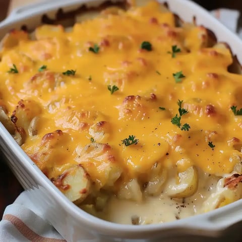 Un gratin appétissant de pommes de terre gratiné au cheddar, parsemé de touches de persil.