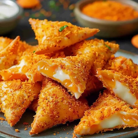 Des bouchées panées dorées et garnies de fromage fondant, dans une assiette appétissante.