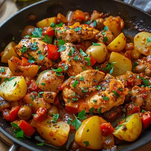Poulet mijoté avec pommes de terre, poivrons et tomates dans un plat.