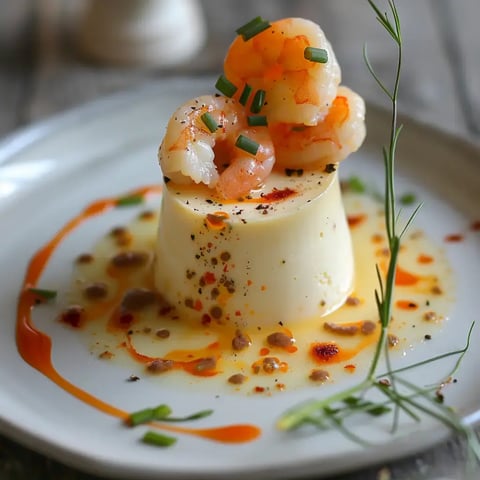 Fromage blanc décoré de crevettes marinées et accompagné d'une sauce savoureuse sur une assiette blanche.