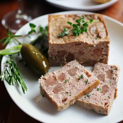 Un pâté maison accompagné d'herbes et d'un cornichon, présenté sur une assiette blanche.