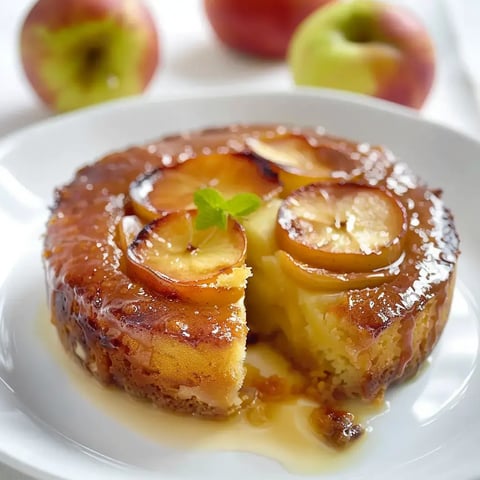 Un gâteau doré aux pommes avec des tranches sur le dessus, servi sur une assiette blanche et accompagné de pommes fraîches en fond.