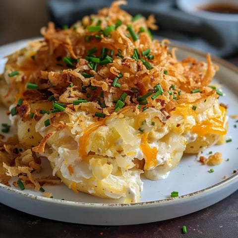 Un gratin généreux avec fromage fondu, crème légère, oignons dorés croustillants et ciboulette fraîche.