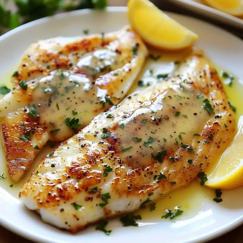 Filets de poisson doré nappés de beurre citron, servis avec du citron et persil frais.