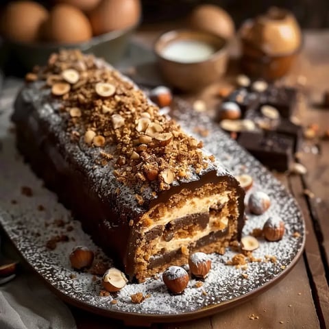 Un roulé moelleux garni de crème café avec éclats croquants de noisettes.