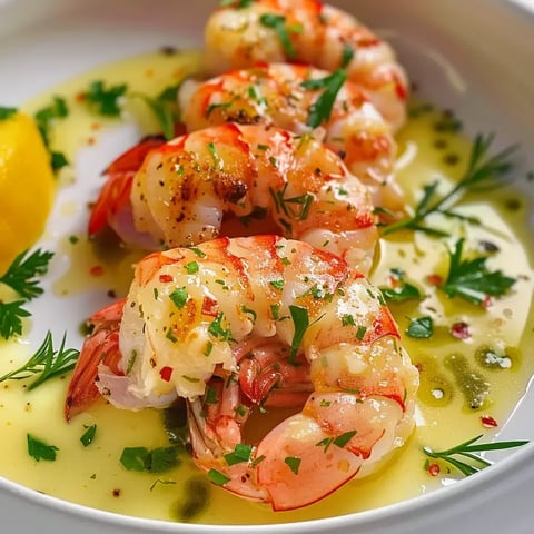 Gambas préparées avec des herbes vertes et un filet de citron, dans un plat savoureux en sauce.