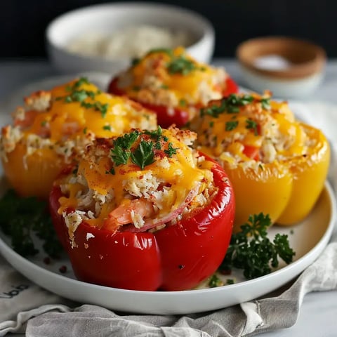 Poivrons remplis de crabe et gratinés au fromage doré, présentés avec des herbes fraîches sur une assiette.