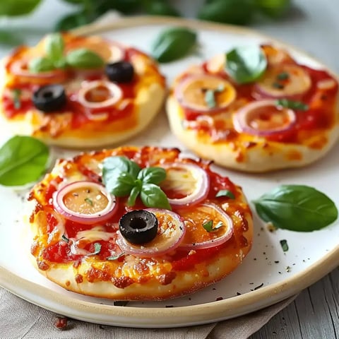 Sur une assiette, trois petites pizzas avec sauce tomate, fromage, olives, rondelles d'oignon rouge et feuilles de basilic.