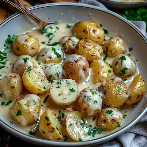 Pommes de terre rôties tendres et parfumées servies avec une sauce avec persil ciselé.