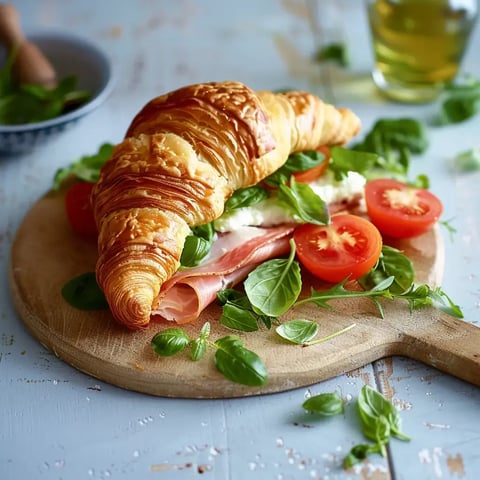Un croissant doré fourré avec jambon cru, fromage crémeux, tomates et basilic présenté sur une planche en bois.