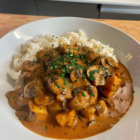 Un bol de pâtes nappées d'une sauce crémeuse aux champignons, garni de persil frais et légumes.