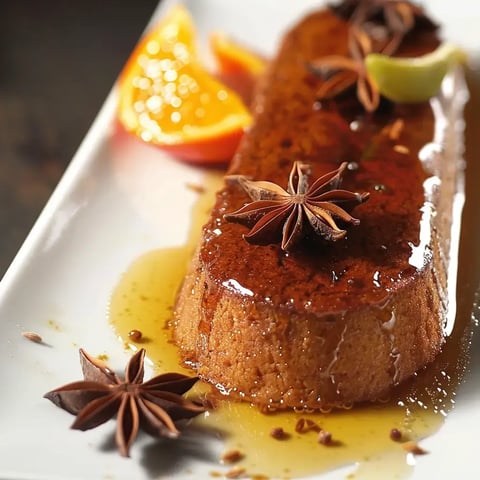 Un gâteau moelleux fait maison, nappé de miel, avec des étoiles de badiane et des zestes d’agrumes en garniture.