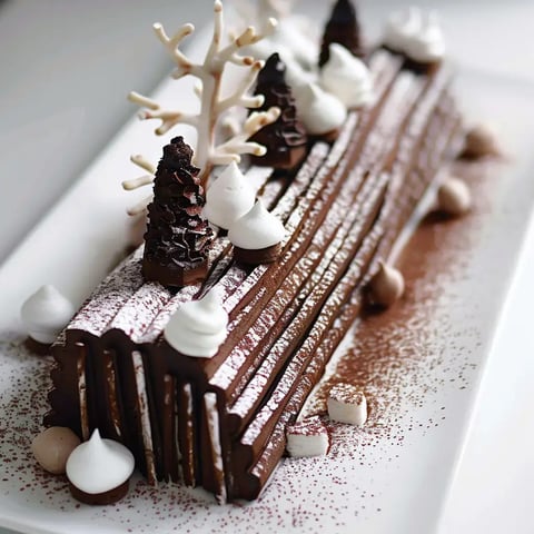 Un dessert chocolaté orné de sapins en sucre, meringues et neige de sucre.