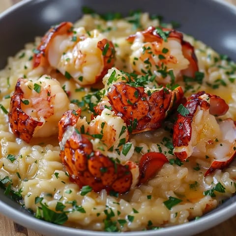 Un risotto aux arômes délicats, orné de morceaux de homard et de persil frais.