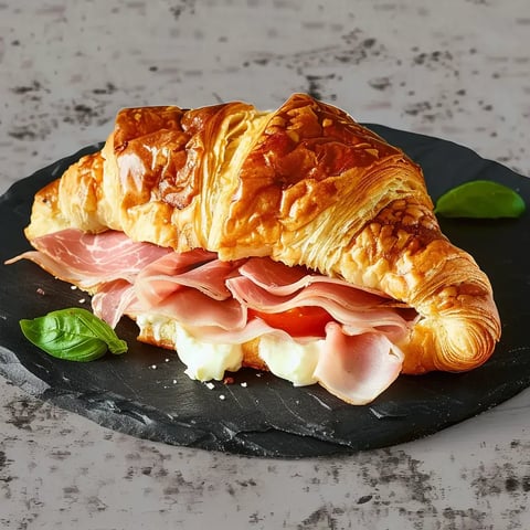 Un délicieux croissant rempli de jambon, fromage, et tomates, servi sur une assiette foncée.