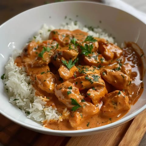 Un délicieux plat de poulet en sauce crémeuse, servi avec du riz blanc parfumé et une touche de persil frais dessus.