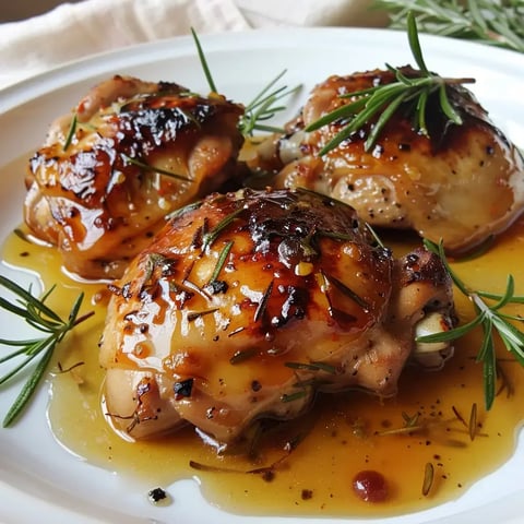 Poulet caramélisé avec herbes, baigné dans une sauce dorée.