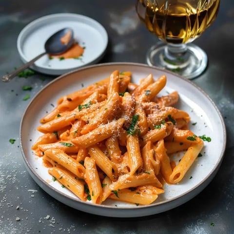 Un appétissant bol de pennes nappées d’une sauce tomate crémeuse et garnies de fromage fondu et persil, avec un verre à côté.