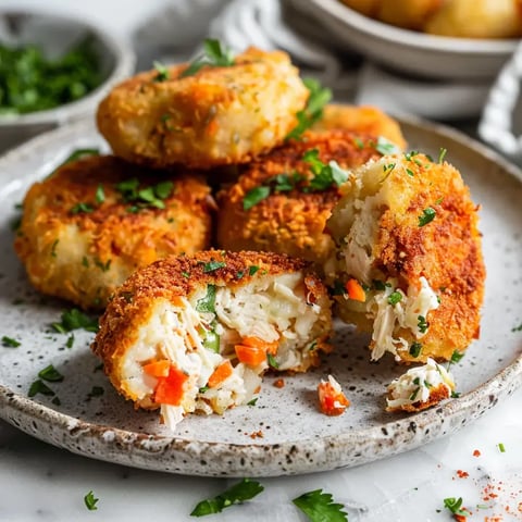 De savoureuses croquettes dorées au poulet et légumes sur une élégante assiette.
