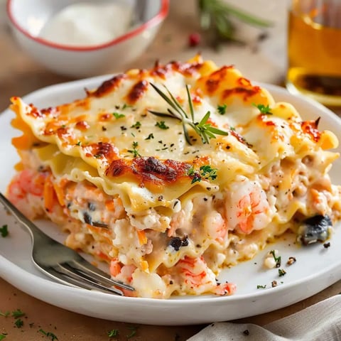 Lasagnes gourmandes aux fruits de mer dorées au four, parsemées d'herbes fraîches.