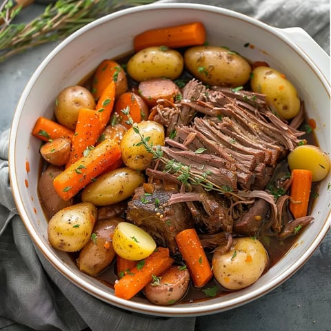 Un bel assortiment de bœuf rôti entouré de légumes comme des carottes et des pommes de terre.