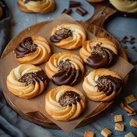 Des biscuits en spirale trempés dans du chocolat noir, surmontés de cristaux de sucre, posés élégamment sur une planche en bois.