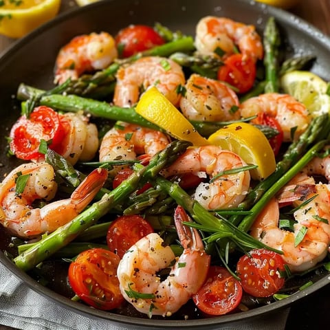 Asperges sautées et crevettes roses dans une poêle, décorées de tomates cerises et tranches de citron.