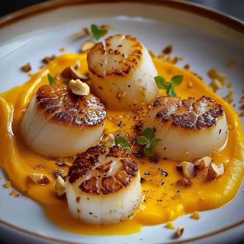 Pétoncles grillés sur purée de courge, agrémentés de noisettes et fines herbes.