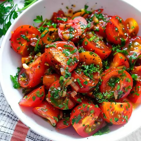 Une belle assiette de tomates coupées en morceaux, garnie de persil avec une touche d'épices.