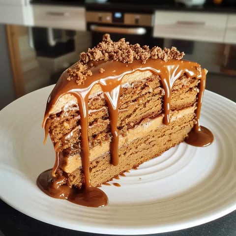 Une part de gâteau moelleux avec caramel qui coule et des miettes, servie dans une assiette.