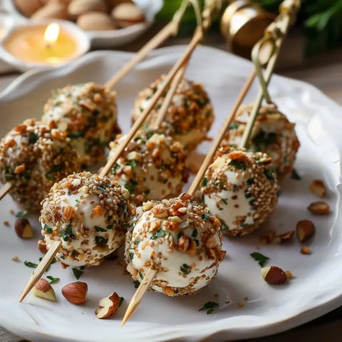 Des bouchées de fromage garnies de graines et noix, présentées élégamment avec des bâtonnets sur une assiette chic.
