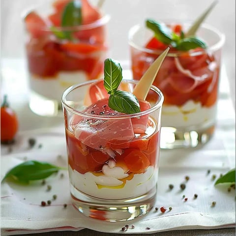 Des verrines garnies de couches de tomates, fromage et jambon, ornées de basilic.