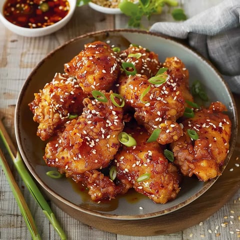 Morceaux de poulet enrobés d'une sauce brillamment relevée, garnis de graines de sésame et herbes fraîches, prêts à déguster.