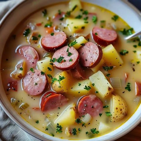 Une soupe appétissante faite de morceaux de saucisse et de pommes de terre, garnie de persil frais.