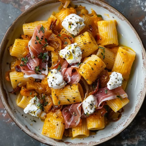 Rigatoni servis avec une sauce crémeuse, morceaux de jambon croustillants, oignons caramélisés et herbes fraîches.